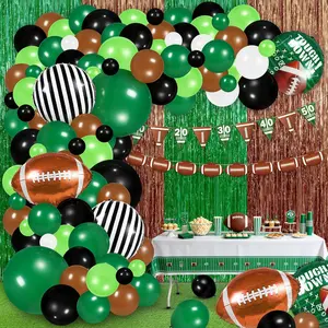 130PCS Football Balloon Garland Kit Sage Green & Brown Balloons with Football Foil & Fringe Decor