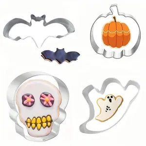 4-piece Halloween Cookie Mold Set, High-Quality Stainless Steel Baking Mold, Bat Pumpkin Skull Design, Dishwasher-Safe for Cleaning, DIY Cake Decoration