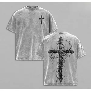 Thorn Cross Gothic Cross Washed cotton Patriotic  Christian   Faith T-Shirt, Biblical Cross Art Tee, Christian Apparel Streetwear Menswear Oversized Top, Church Outfit Gym Cover graphic Tshirt Casual Crewneck Tropical