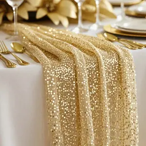 Gold Sequin Table Runner And Tablecloth Set - Shiny Gold Wedding, Party, Event Decor - Square Tablecloth With Tassel Trim (Fabric), Suitable For Dining Table Center Decoration, Special Occasions