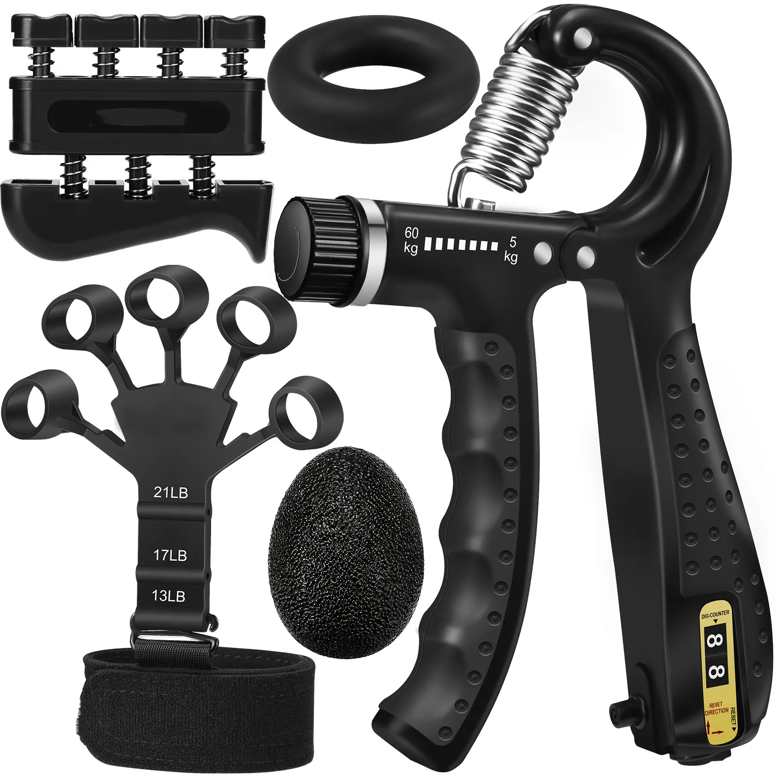Grip Strength Trainer(5pcs) - Adjustable Forearm Strengthener, Finger Exerciser, Finger Stretcher, Forearm Workout Ring And Hand Exercise Ball - Grip Strengthener And Extensor Trainer for Any Sizes Hand & Finger