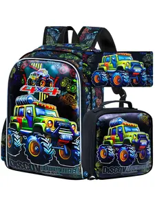3PCS Kids Backpack for Boys, Youth Backpack, Trucks Bookbag with Lunch Box for Kids 6-8 Preschool Kindergarten Elementary School Backpacks