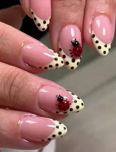 3D Ladybug Press On Nails – Polka Dot French Tip Design, Cottagecore Spring Nail Art, Cute Summer Picnic Style