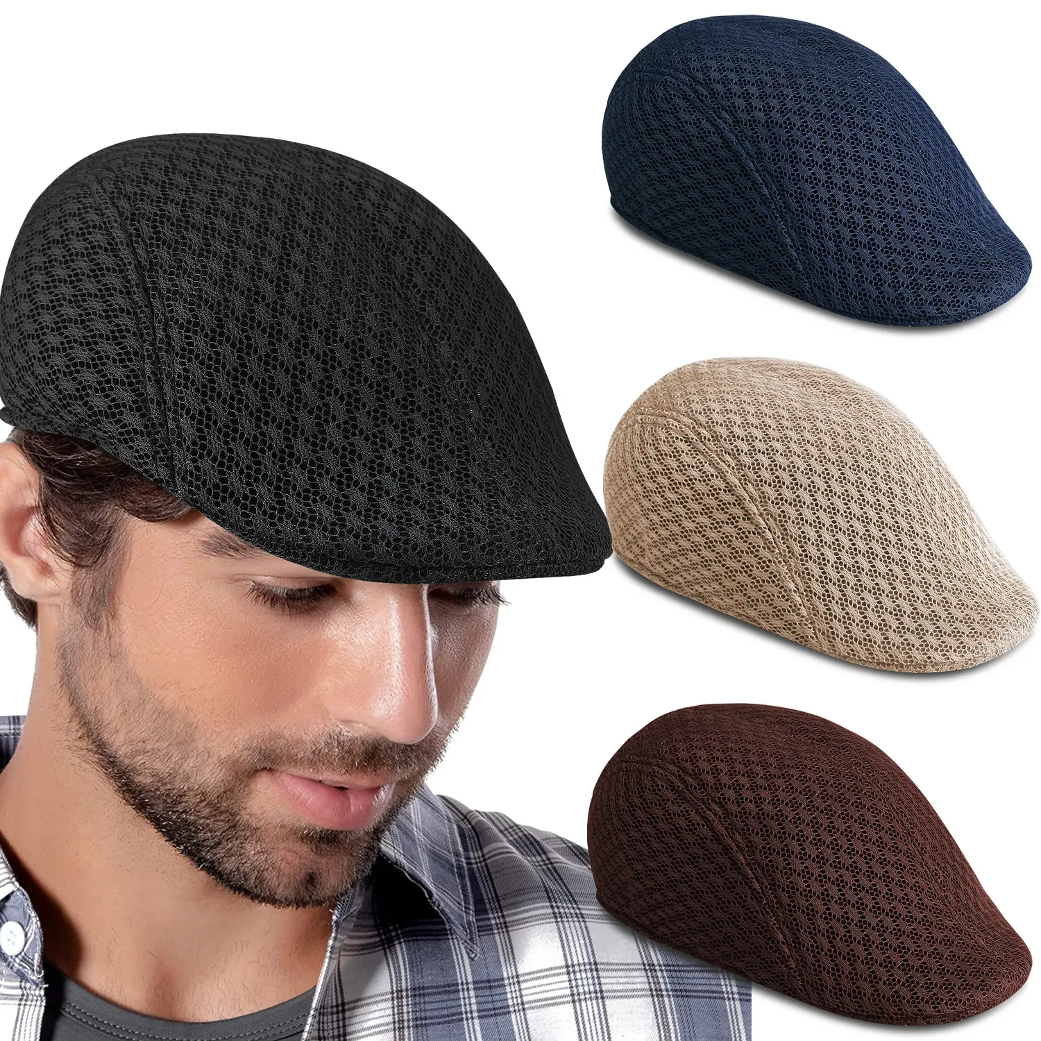 Men's Summer Breathable Mesh Caps,Newsboy, Beret, Ivy, Irish Driver, and Vintage Fishing Flat Caps for Golf Driving Flat Cabbie