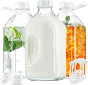 3 Pack 2 Qt Glass Milk Bottles with Airtight Reusable SCREW LID - 64 Oz Glass Juice Bottles, 1/2 Gal Glass Water Bottles, Glass Milk Jug Pitcher with Scales, Extra Lids & Handles