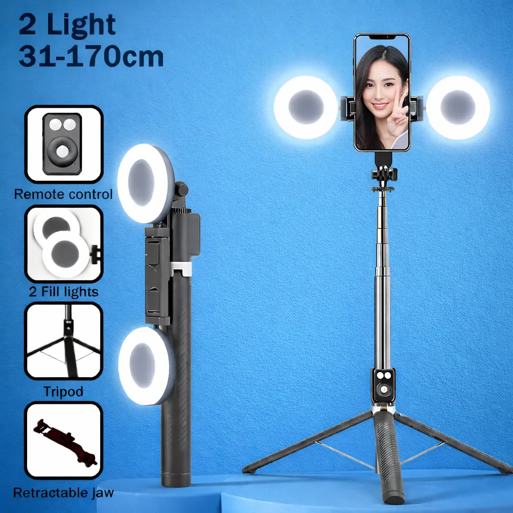Selfie Stick Tripod With Dual Fill Lights, Detachable Wireless Remote Control Phone Tripod, New 6-In-1 Retractable Travel Tripod Accessories Portable, For Live Streaming & Video Recording Perfect For Photography, Makeup, Group Selfies Dimmable Ring with S