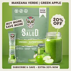 Salud 2-in-1 [Greens + Superfoods - Green Apple] Daily Greens Drink Mix,Agua Fresca,  Gut Health & Bloating Support, Probiotics & Prebiotics, Vegan, Non-GMO, Easy-to-Drink Greens Powder (15 Servings)