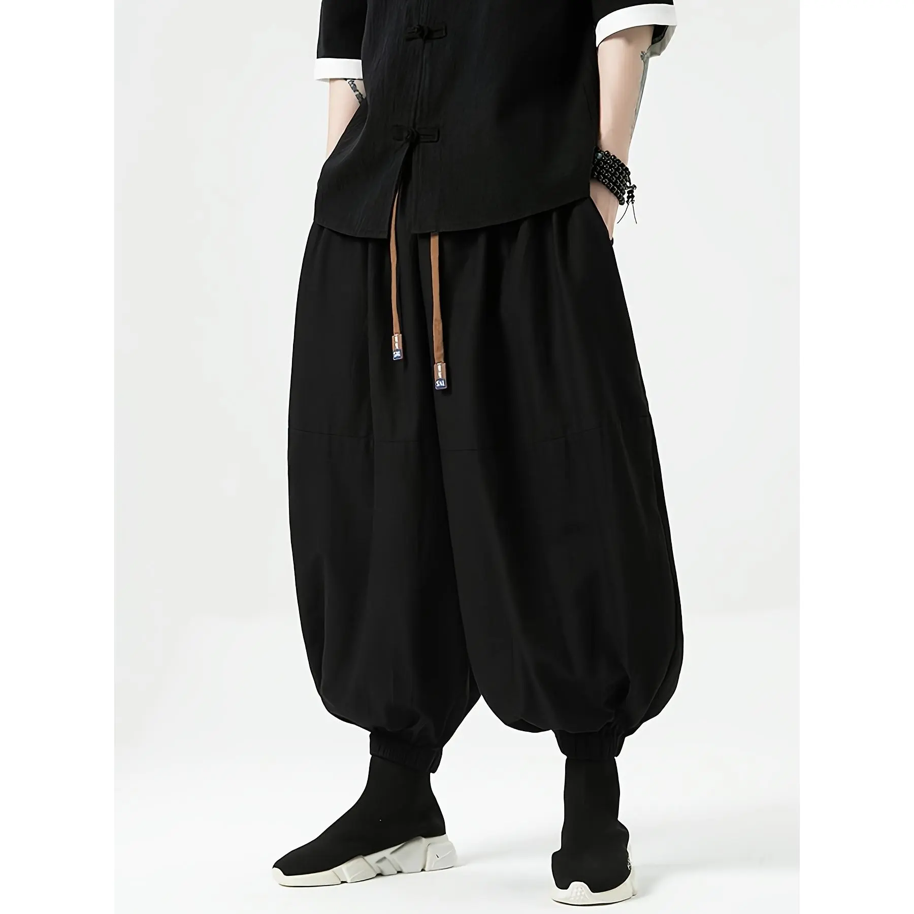 Loose-fitting plus-size men's pants, elastic waist, tapered harem pants, men's casual cropped pants
