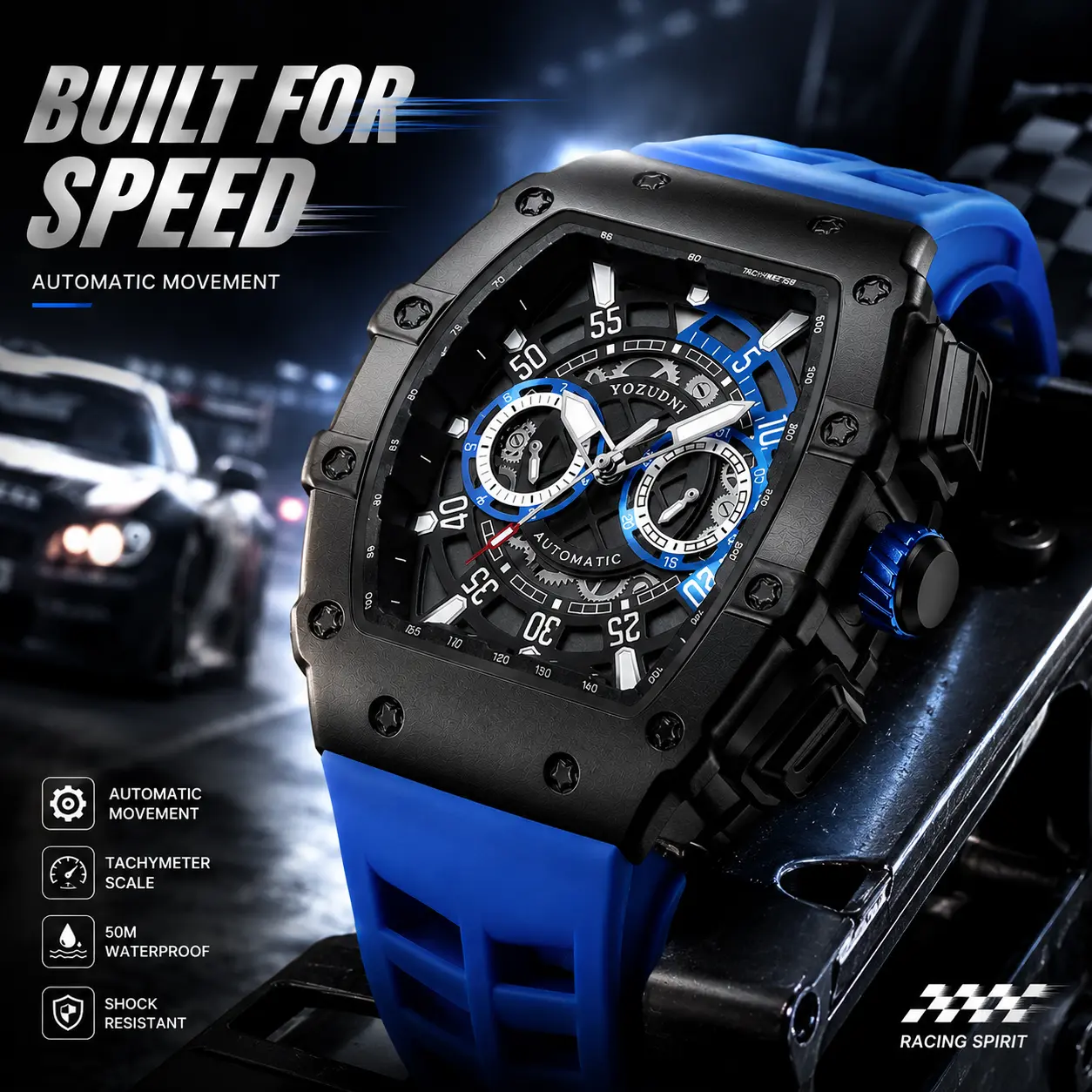 Men’s Luxury Automatic Sports Watch – Shock Resistant, 50M Waterproof Racing Chronograph with Tachymeter Scale, High-Speed Mechanical Movement, Blue Silicone Strap