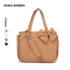 Crush Bow Tote Bag for Women Laptop Friendly Lightweight Puffy Handbag with Removable Bow & Multiple Compartments for Travel Work Beach Gym