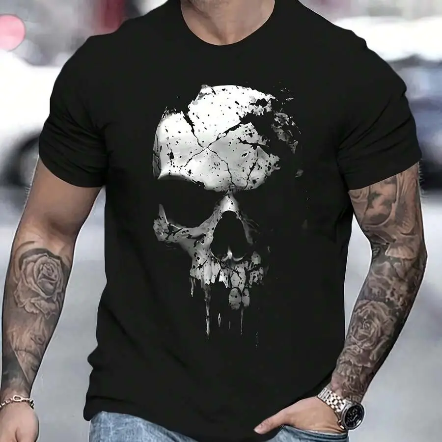 Retro horror cracked skull graphic T-shirt, grunge gothic streetwear casual cotton short-sleeve tee for men/women/unisex, black
