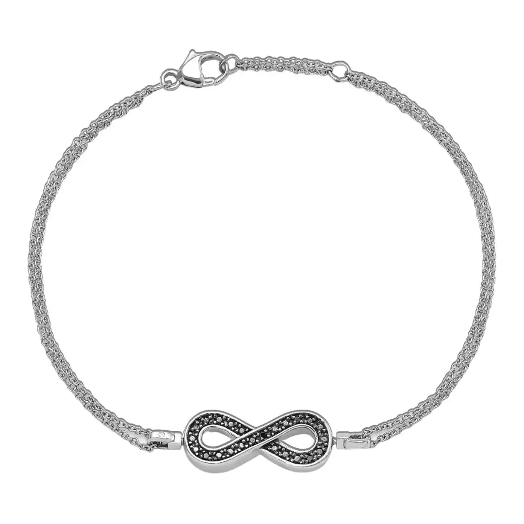Round Black Diamond Pavé Sterling Silver Double Chain Infinity Bracelet