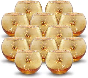 Volens round Gold Votive Candle Holders, Mercury Glass Candle Holder Set of 12, Diwali Decorations for Home