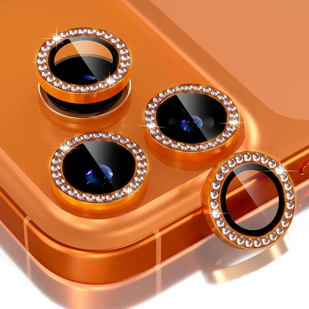 9H Bling Tempered Glass Protective Camera Lens Protector with Metal Ring Decoration - Durable Accessory for iPhone 17 Series (Air, Pro, Pro Max) Smartphones, Diamond-Orange Father's Day Gift,back to school
