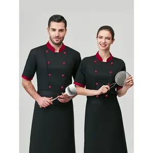 Men's Black Chef Uniform with Double-Breasted Red Buttons, Short Sleeve Jacket & Mesh Back Vent - Professional Hotel Restaurant Baking Attire for Men and Women, Culinary Staff Clothing | Stylish Service Attire | Nonstretch Fabric