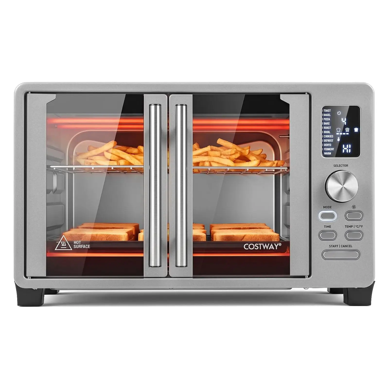 COSTWAY 25L/26.4 QT Air Fryer Toaster Oven w/Dual French Doors | Compact Countertop Oven w/11 Presets, 1500W High Power, Baking Tray, Baking Rack, Crumb Tray & Oven Tray Clip for Family