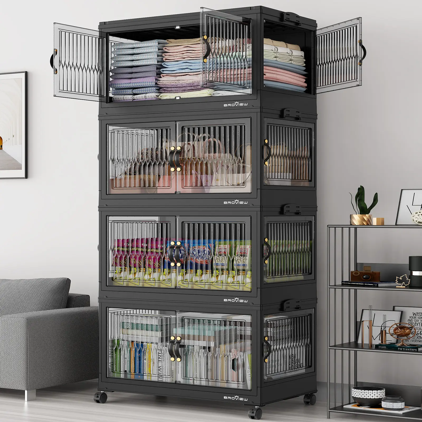 Broview 360Qt/480Qt/600Qt Stackable Storage Bins with 4x Lids, Each 120Qt Stackable Storage Bin,Front and Side Open Doors, Collapsible Closet Organizer and Storage Cabinet, Plastic Folding Box with Wheel Drawer for Home Office Dorm
