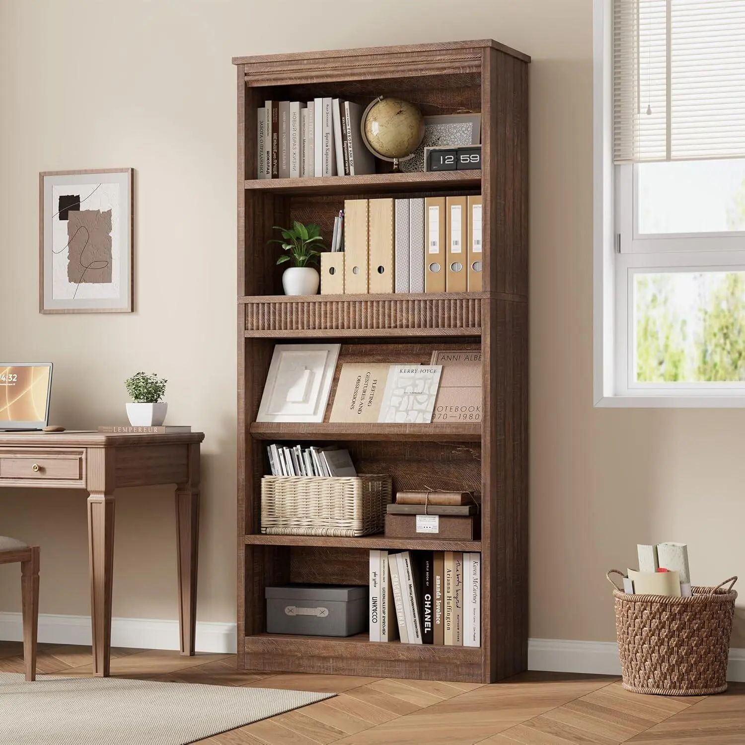 71inch Tall Bookcase w/Display Rack Fluted Design 5 Tier Vintage Bookshelf with Wooden Base, Wood Bookshelf Rustic Vintage Book Shelf for Office Library-Brown