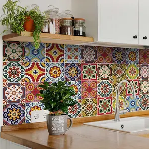 Colorful Mexican Talavera flower wall decals 24pcs 4x4 inch mixed patterns for kitchen backsplash bathroom tiles stair decoration Decorative Stickers Plastic