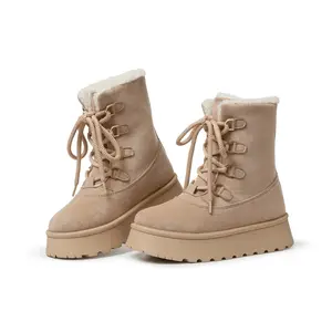 Women’s Winter Fleece-Lined Snow Boots, Lace-Up Platform Ankle Boots with Height-Increasing Thick Sole, Fashionable Frosted Leather Warm Cotton Boots