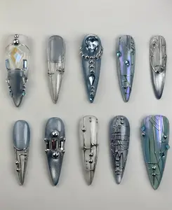 Cyber Ice Chrome Press On Nails | 3D Silver Tech Grid & Gemstone Nail Art | Futuristic Blue Holo Armor Nails with Metallic Wires