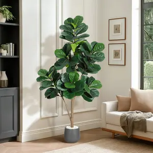 5 ft Fiddle Leaf Fig Tree Artificial with 77 Leaves - Realistic Faux Ficus Lyrata Trees in 7.8 in Grey Planter Pot, Indoor Fake Floor Plants for Home Office Living Room Decor, Housewarming Gift