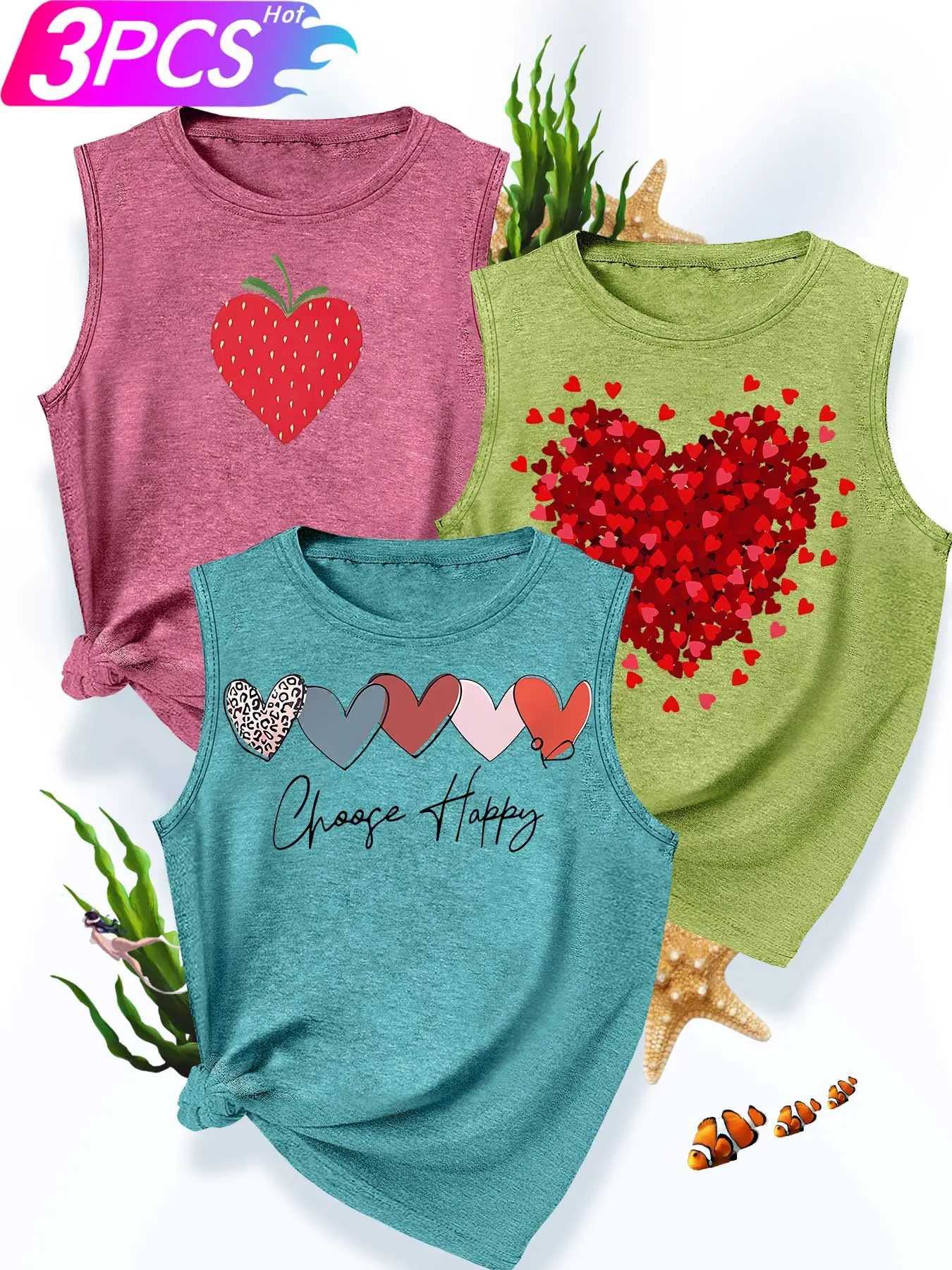 3-Pack Women's Crew Neck Tank Tops, Sleeveless, Strawberry & Multi-Color Heart Print Set, Multiple Colors Available, Machine Washable, Spring & Summer Top, Soft Skin-Friendly Fabric, Daily Versatile, Fashion Design