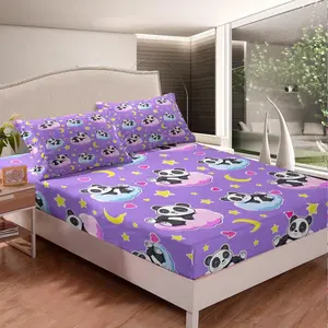 Cute Panda Bedding Set,Cartoon Animal Panda Bear Fitted Sheet,Decorative Purple Stars Moon Heart Bed Sheet Set,Lovely Wildlife Twin Bed Cover