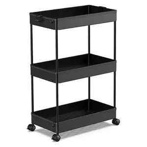 Storage Rolling Cart, 3 Tier Laundry Room Organization Utility Cart Bathroom Organizer Mobile Shelving Unit Shelves Multi-Functional Trolley, Black