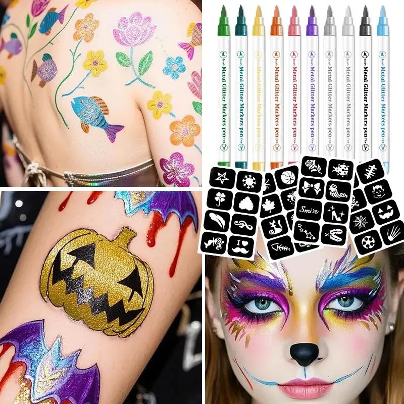 10 Color Metal Glitter Sparkle Tattoo Pen Set with 4 Stencil Sheets, Waterproof Long-Lasting Temporary Tattoos, Perfect for Halloween and Parties