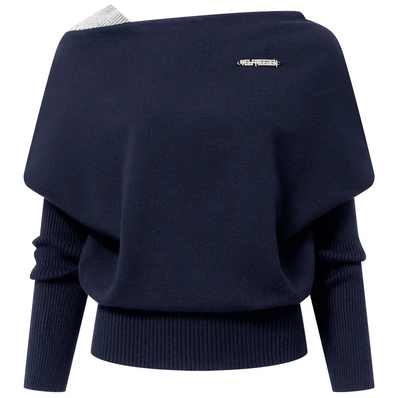 Aelfric Eden Women's Asymmetric Off-The-Shoulder Layered Knitwear - Faux 2-Piece Design, Cropped Waist, Soft Knit Fabric, Loose Casual Elegant Lazy Style - Back to School First Day Outfits