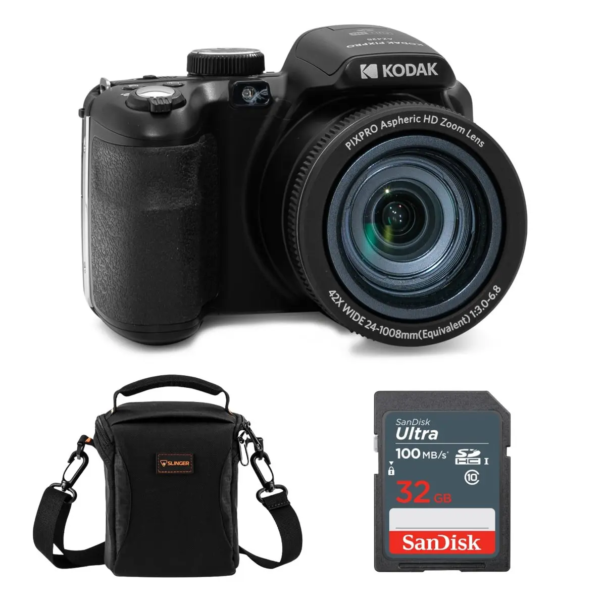 Kodak PIXPRO AZ425 Astro Zoom Portable Point & Shoot Camera - 20MP, Full HD, Lens, LCD Screen, Black, Bundle with 32GB Memory Card, Camera Bag (HD Point & Shoot Model), Digital Camera