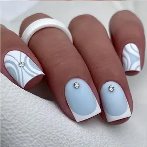 24pcs Short Square Nail Tips Set, Light Blue Design, Classic French & Abstract Wave Elements, Perfect for Spring Summer