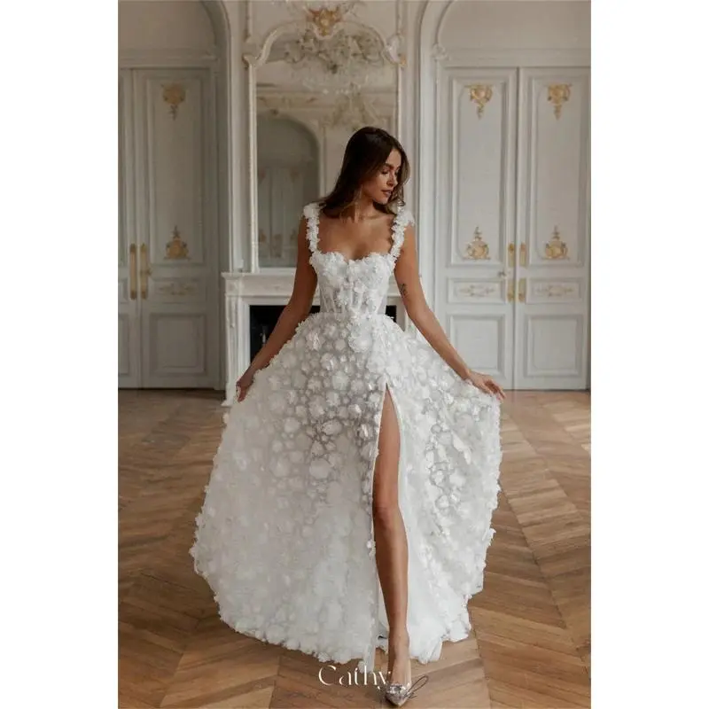 Cathy White 3D Flower Prom Dresses Lace-up Back A-line vestidos de noche Elegant Sleeveless Side High Split Formal Evening 2024 Womenswear Comfort