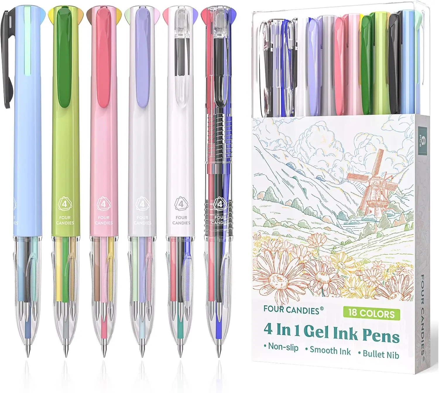 Four Candies 6PCS Multicolor Pen 0.5mm 4-in-1 Colored Pens 18 Colors Retractable Ergonomic Design for Students Nurses Office Supplies Smooth Writing Pens, girly office supplies, fun pen