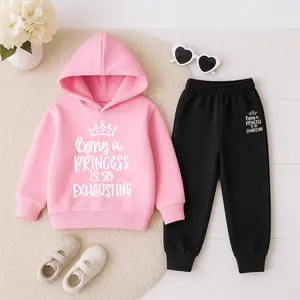 Girls' Princess Quote Print Hooded Tracksuit Set, Featuring A Fleece-Lined Hoodie And Sweatpants, Perfect For Sports, Casual Wear, And Jogging In Autumn And Winter, Suitable For Both Indoor And Outdoor Activities.