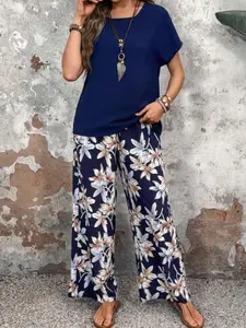2-piece women's set in dark blue, Bohemian: loose short-sleeve Round neck T-shirt with wide-leg pants featuring floral and leaf pattern, casual, comfortable style, perfect for beach vacations, outdoor picnics, city coffee shop, Clothes, Womenswear