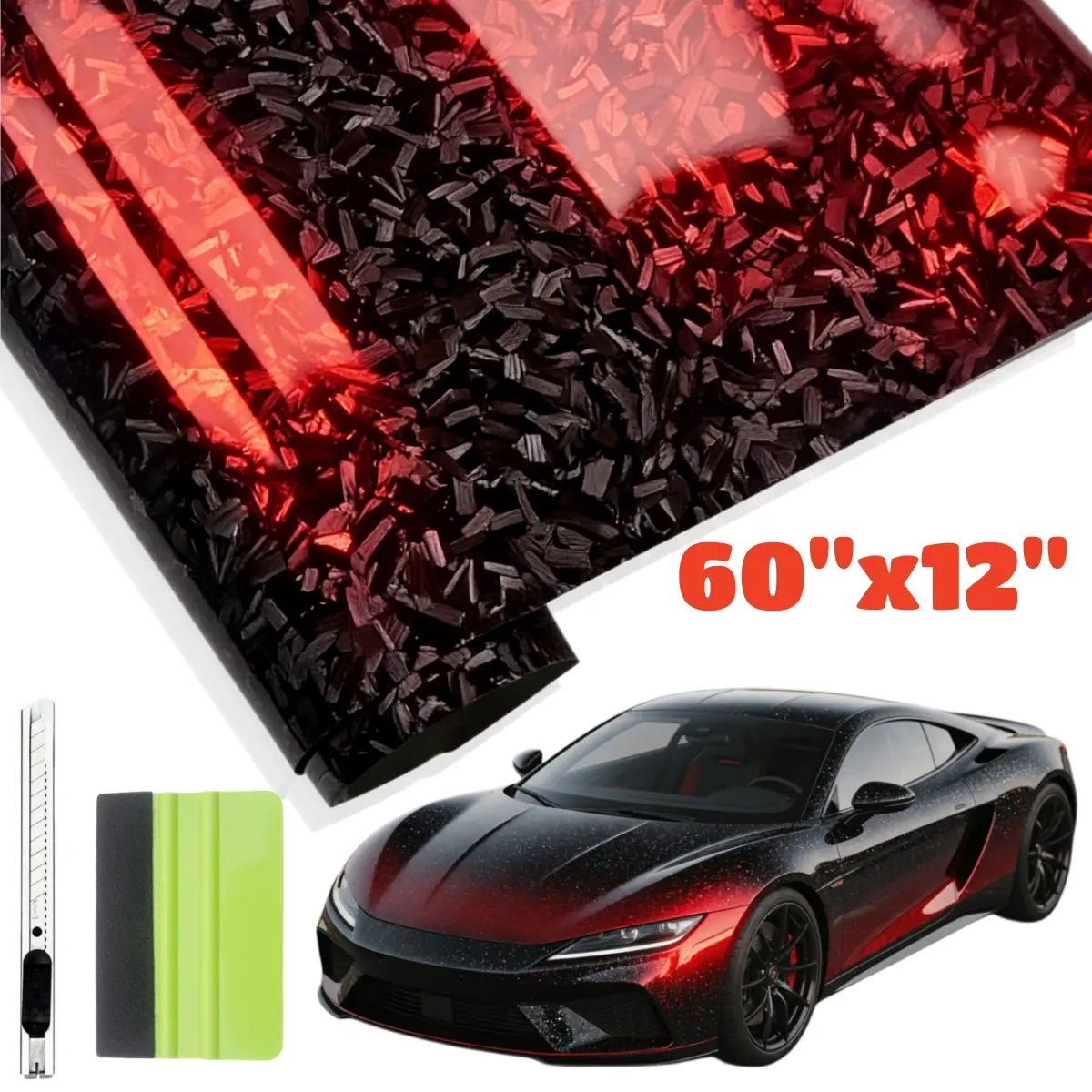 Foneso Red Reflective Gloss Carbon PVC Vinyl Car Body Sticker Kit (60"x12") with Squeegee + Cutter, Air Release Self-Adhesive Decal Wrap Stripe, Car Accessories Cool Decorations That Protects Paint for Popular Models, Cool Car Decorations, Universal Fit