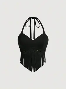 VYNCE Vintage Suede Halter Top with Tassel Fringe for Summer