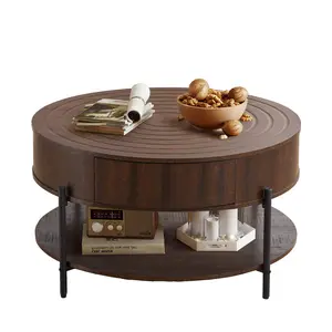 Giratree 30.5” Tree Ring Coffee Table with Hidden Storage – 2 Sliding Drawers Modern Wood Center Table