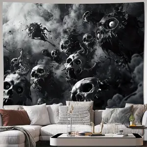 1pc Large Gothic Horror Wallpaper-like Tapestry - Black & White Skull & Bone Design with Glowing Eyes - Heavy-Duty Fabric Panel for Living Room, Bedroom, Office, Party Decor - Easy Peel-and-Stick Installation Kit Included - Spooky Horror Theme Wall Hangin