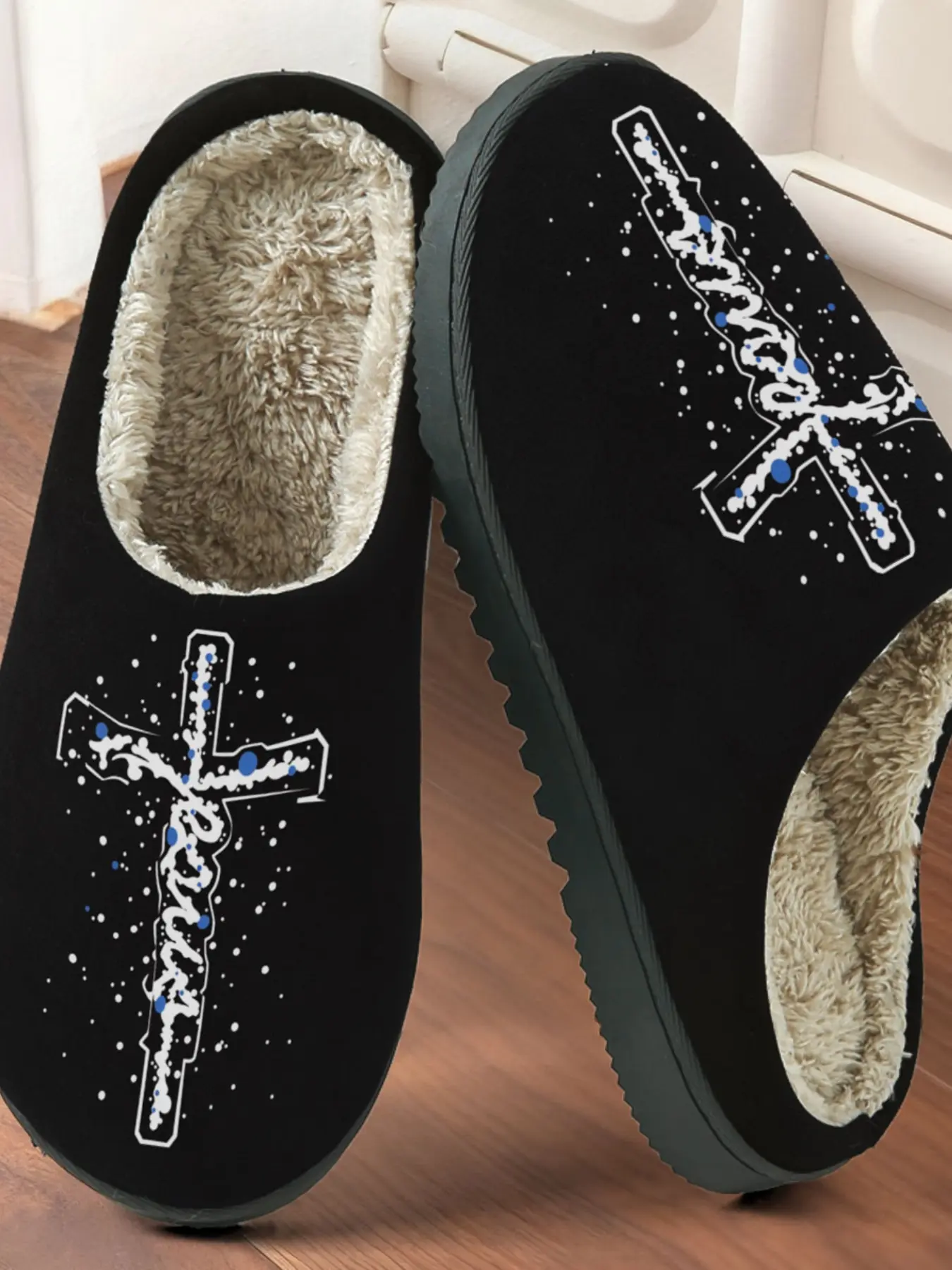 Cross Peace Slogan Printed Cotton Slippers, Warm Fleece Lined Non-Slip Thick Sole, Casual Home Shoes for Fall Winter
