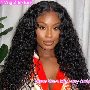 【2 Textures Mixed】UNice Glueless Water Wave Mix Jerry Curly Human Hair Wigs Pre Cut 7x5 HD Lace Closure Human Hair Wig Glueless Drawstring Wigs Beginners Friendly Easy Install