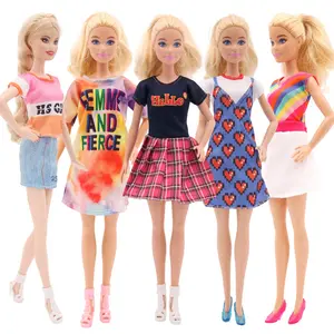 Fashion Casual Doll Clothes Set for 11.5 Inch Barbie Doll, 5 Piece Set Includes T-Shirt, Plaid Skirt, Rainbow Dress, Girl Gift