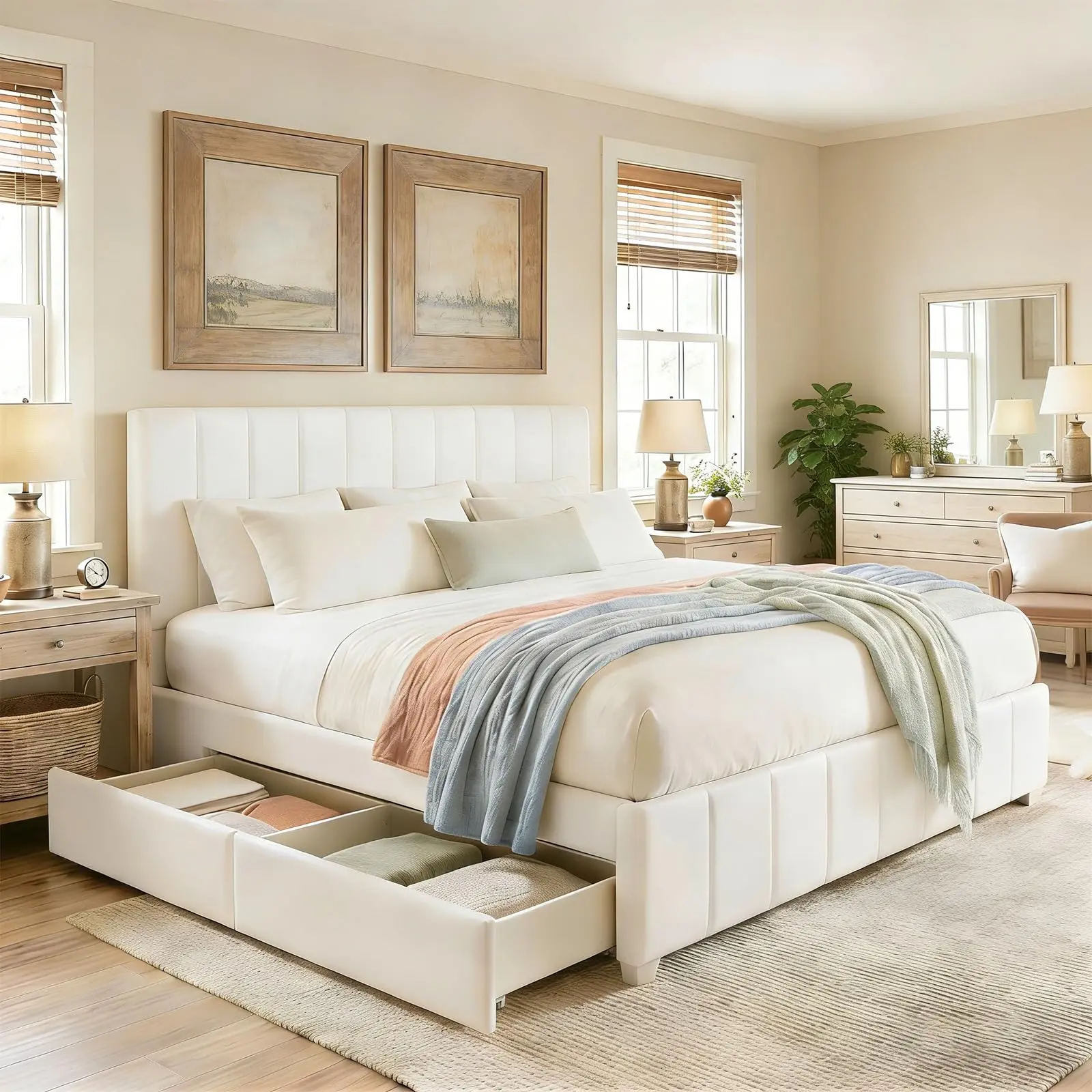Garvee Versatile Upholstered Platform Bed Frames with Adjustable Headboards, Multiple Storage Drawers, Noise-Free Wooden Slats, No Box Spring Needed, Available in Queen, Full, and King Sizes, Easy Assembly, Various Colors,dorm essentials,home decor