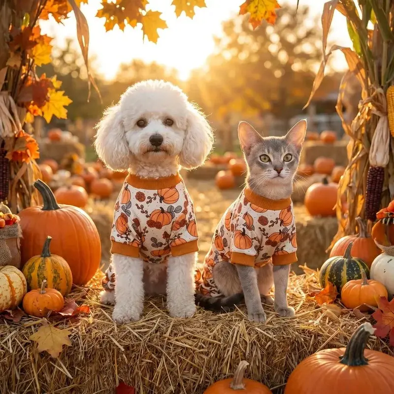 Fall Dog Pajamas Pumpkin Pet Onesie 4-Legged Puppy Jumpsuit Cat Clothes Autumn Thanksgiving Apparel for Small Medium Dogs Cats