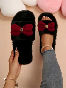 Women's New Fuzzy Home Slippers, Fashionable Design with Large Bowknot, Soft Plush, One-Piece Slip-On, Fall & Winter Comfort Footwear