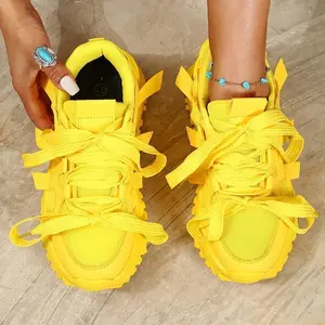 Women’s fashionable yellow chunky sneakers — breathable lace-up casual sneakers, plus sizes available, thick sole, dad shoes for girls, running footwear, closed-toe design for training/running, comfortable fit
