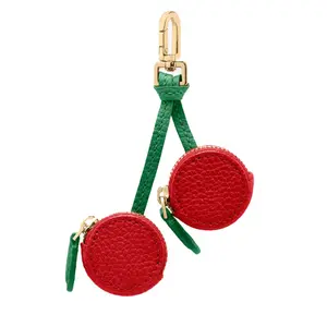 Cherry Coin Purse Keychain, Handmade Mini Zipper Pouch Backpack Keychain, Small Leather Change Purse, Red and Green Fruit Bag Charm for Women and Girls