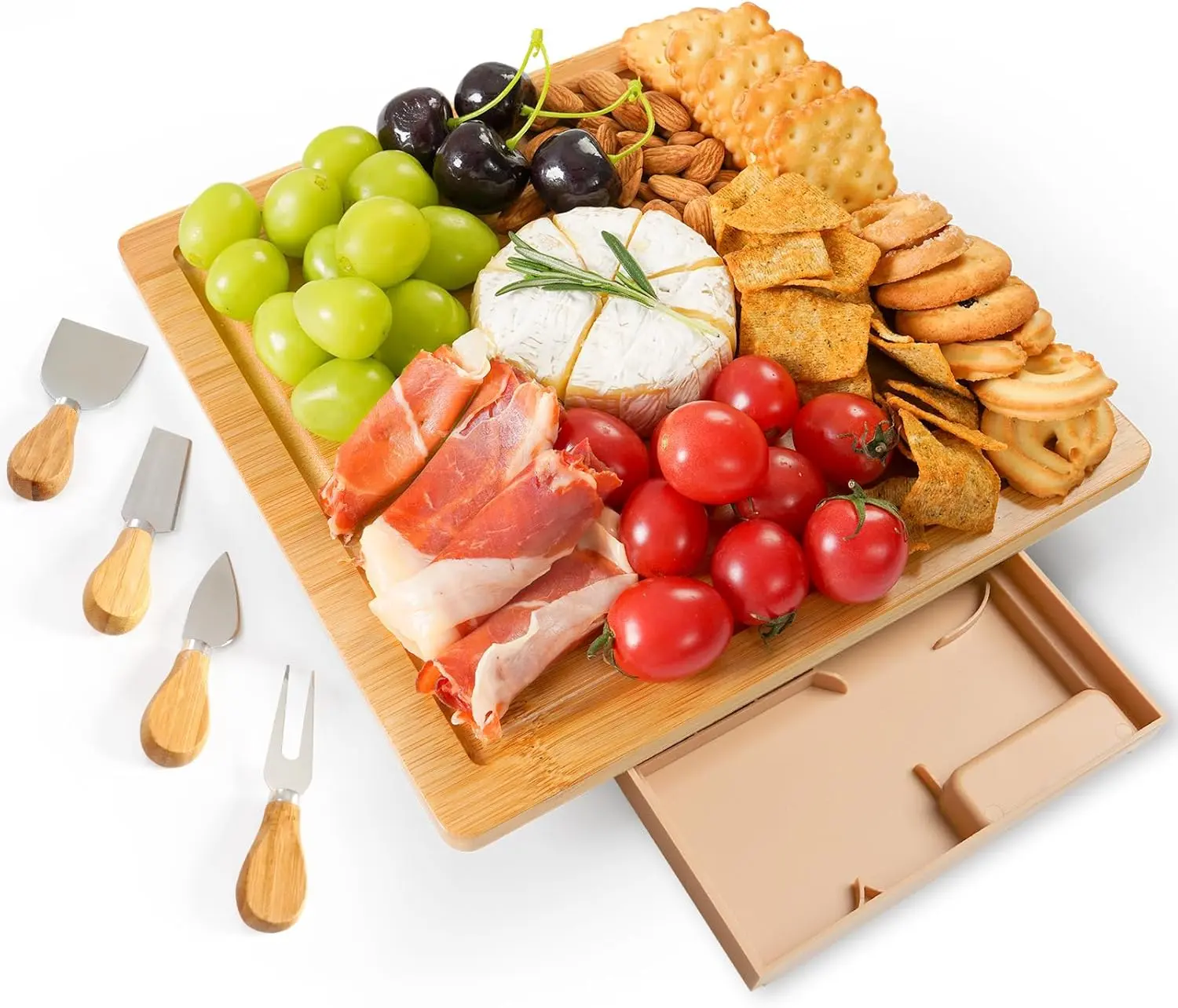 Bamboo Charcuterie Board Set with Slide-Out Drawer & Cheese Knives, Small Cheese Serving Board for Housewarming, Weddings & Bridal Showers